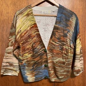 Anthropologie Linen Cotton Cardigan Sweater watercolor impressionist art large